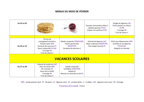 MENUS DU MOIS DE FEVRIER 2023