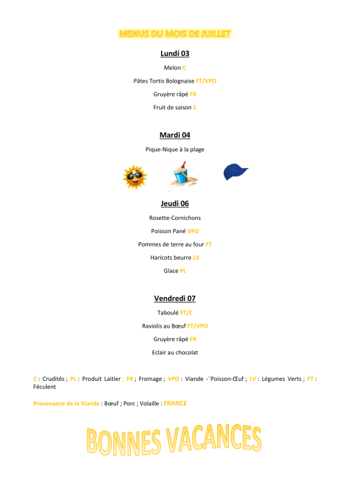 MENUS DU MOIS DE JUILLET 2023