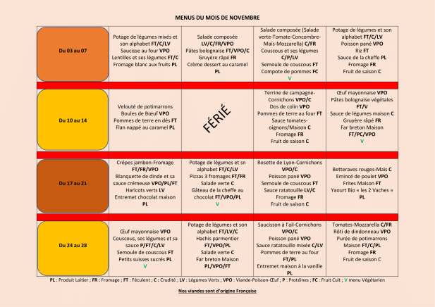 MENUS DU MOIS DE NOVEMBRE 2025