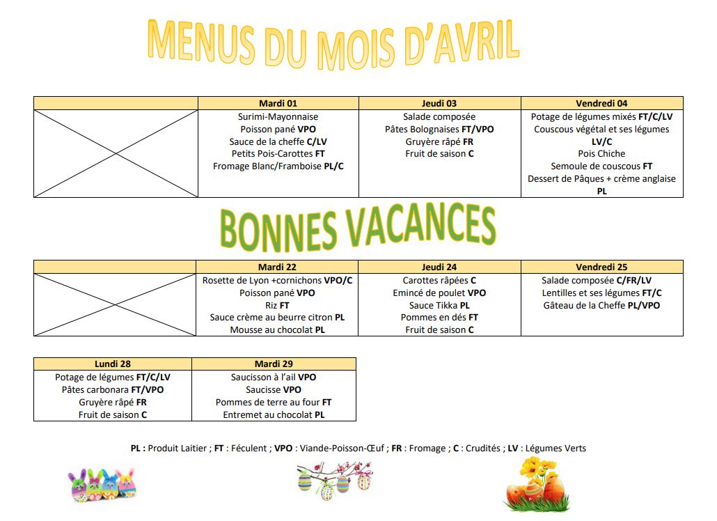Menus cantine avril 2025
